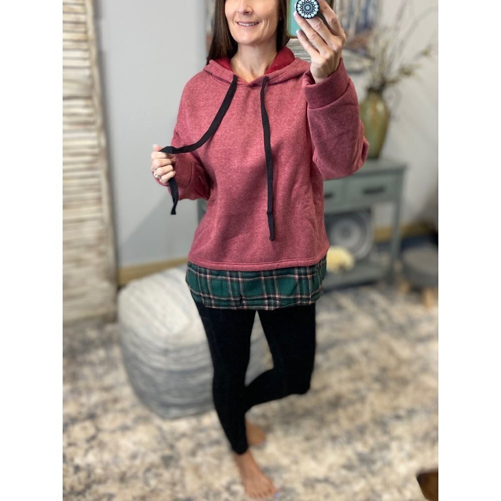 French Terry Drawstring Hoodie Contrast Plaid Bottom Pink Green 4321